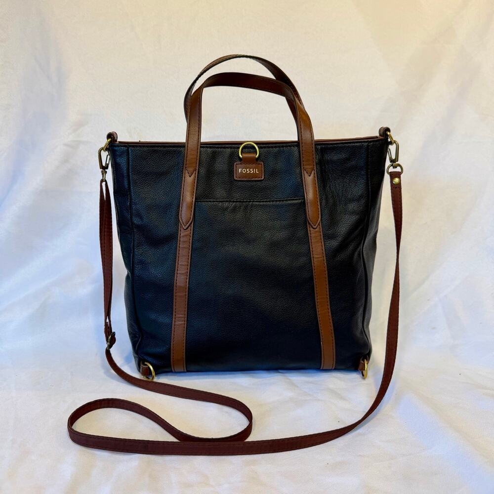 Fossil Sydney Convertible Backpack Tote Black Pebbled Leather Brown Trim Bag